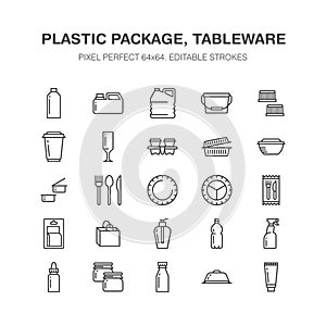 Plastic packaging, disposable tableware line icons. Product packs, container, bottle, canister, plates cutlery