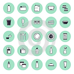 Plastic packaging, disposable tableware line icons. Product packs, container, bottle, canister, plates cutlery