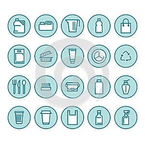 Plastic packaging, disposable tableware line icons. Product packs, container, bottle, canister, plates cutlery