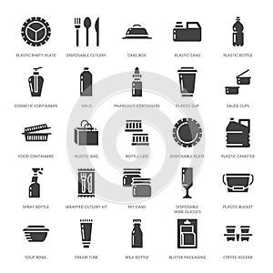 Plastic packaging, disposable tableware vector glyph icons. Product container silhouette, bottle, packet, canister