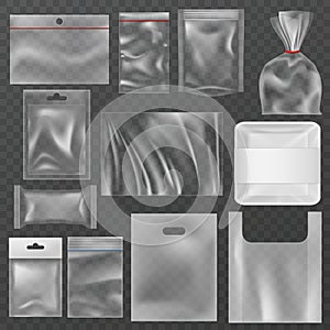 Plastic packaging. Transparent plastic packs, food containers and vacuum bags. Polythene wrap pouch, snack package photo