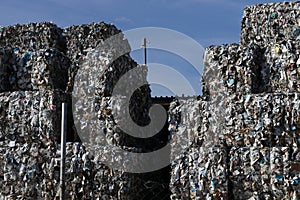 Plastic bales at the waste processing plant. Separate garbage collection. Recycling and storage of waste for further disposal. Env