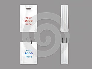 Plastic and paper shopping bags vector isolated 3D realistic white blank packaging with handles templates for branding