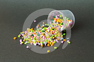 Plastic pellets . Plastic granules after processing .Polymer