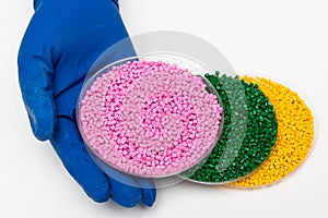 Plastic pellets. Polymeric dye. Colorant for plastics in the granules