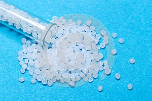 Plastic pellets. Transparent Polyethylene granules. Plastic Raw