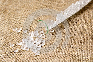 Plastic pellets. Transparent Polyethylene granules. Plastic Raw material