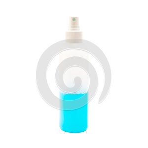 Plastic perfume spray bottle with blue liquid isolated on white