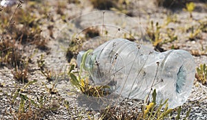 A plastic PET bottle washed on a beach