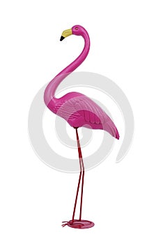 Plastic pink flamingo on white background