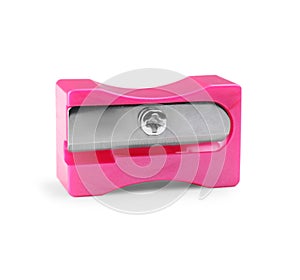 Plastic pink pencil sharpener isolated on white