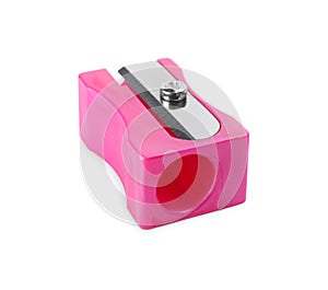 Plastic pink pencil sharpener isolated on white