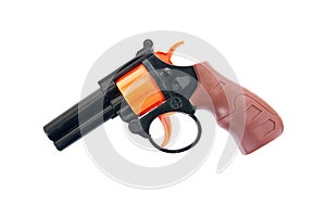 Plastic pistol toy isolated on white background. Kids revolver toy. Toy gun.Toy hand gun