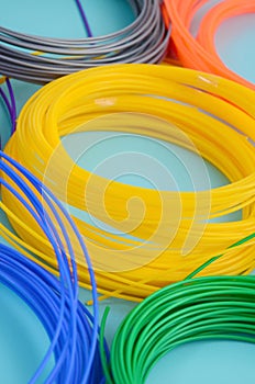 Plastic PLA and ABS filament material for printing on a 3D pen or printer of various colors