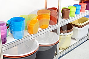 Plastic plant pots in store