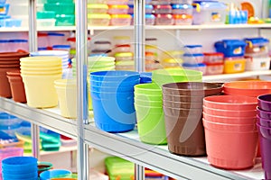 Plastic plant pots in store