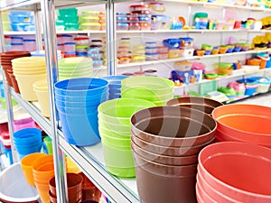 Plastic plant pots in store