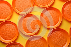 Plastic plates on color background, top view