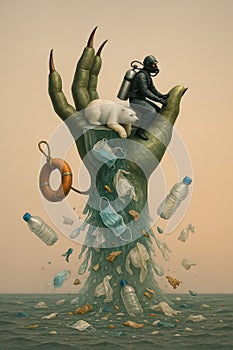 Plastic polluted ocean hand holding drowning diver photo
