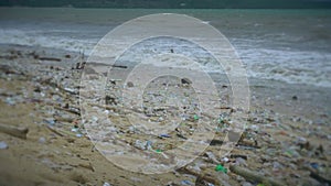 Plastic pollution beach. Heavy pile of garbage in asian countries. Ecology catastrophe. World disaster.