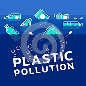 Plastic pollution concept with plastics icon in water ocean vector design photo