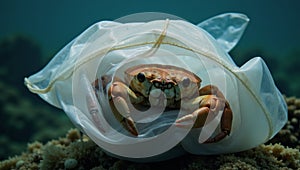 Plastic pollution A crab trapped in discarded plastic bag symbolizes oceans plight due to excess waste photo