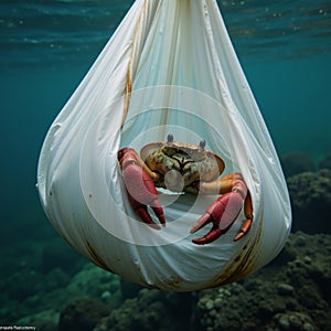 Plastic pollution A crab trapped in discarded plastic bag symbolizes oceans plight due to excess waste photo
