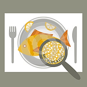 Plastic pollution, microplastic problem. Microplastic in the food. Ecological poster. Fried fish with micro plastic pieces on a photo