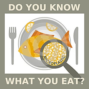 Plastic pollution, microplastic problem. Microplastic in the food. Ecological poster. Fried fish with micro plastic pieces and