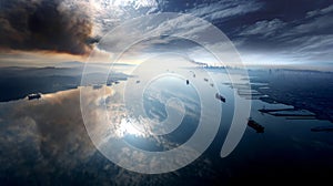 Plastic pollution of the ocean. Dirty ocean shore. Ecological problem, plastic trash. Say no to plastic. Single-use plastic waste