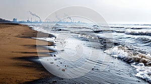 Plastic pollution of the ocean. Dirty ocean shore. Ecological problem, plastic trash. Say no to plastic. Single-use plastic waste