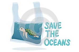 Plastic pollution in ocean environmental problem concept.  poor turtle swim inside plastic bag with text save the oceans.