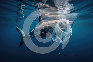 Plastic pollution in ocean environmental problem. Sharks can eat plastic bags or get trapped in them. Generative AI