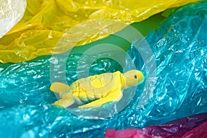 Plastic pollution in ocean problem. Sea Turtle plastic bag. Ecological situation. Zero waste