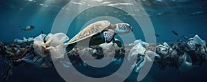 Plastic pollution in ocean with turles. Turtle eat a plastic waste