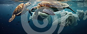 Plastic pollution in ocean with turles. Turtle eat a plastic waste