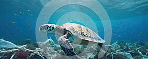 Plastic pollution in ocean with turles. Turtle eat a plastic waste