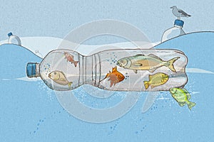 Plastic pollution in the sea with fish in the bottles in the ocean