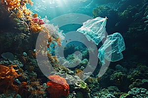 Plastic pollution in sea. Microplastics contaminate seafood