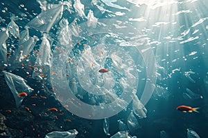 Plastic pollution in sea. Microplastics contaminate seafood