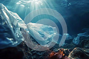 Plastic pollution in sea. Microplastics contaminate seafood