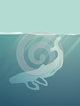 Plastic pollution in the seas vector concept with whale shaped plastic bag floating in ocean. Marine life destruction.