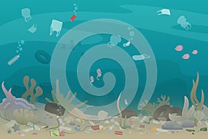 Plastic pollution trash under the sea with different kinds of garbage - plastic bottles, bags, wastes. Eco, water