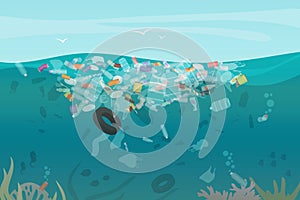 Plastic pollution trash underwater sea with different kinds of garbage - plastic bottles, bags, wastes floating in water