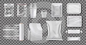 Plastic polyethylene packaging. Realistic cellophane boxes and cups. Transparent pack vector mockup