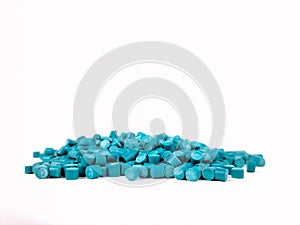 Plastic Polymer Granules Isolated Turquoise Color White Background