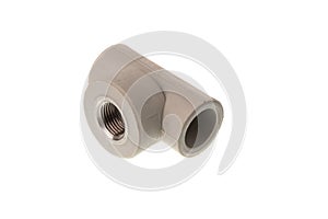 Plastic PPR T shape with metal thread fitting and round neck for water pipes, isolated on white background