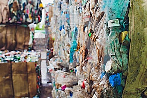 Plastic pressed bales at the modern waste hazardous processing plant. Separate garbage collection. Recycling and storage