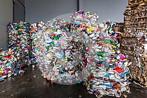 plastic pressed bales at the modern waste hazardous processing plant. Separate garbage collection. Recycling and storage of waste