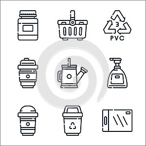 plastic products line icons. linear set. quality vector line set such as cutting board, recycling bin, take away, soap bottle,